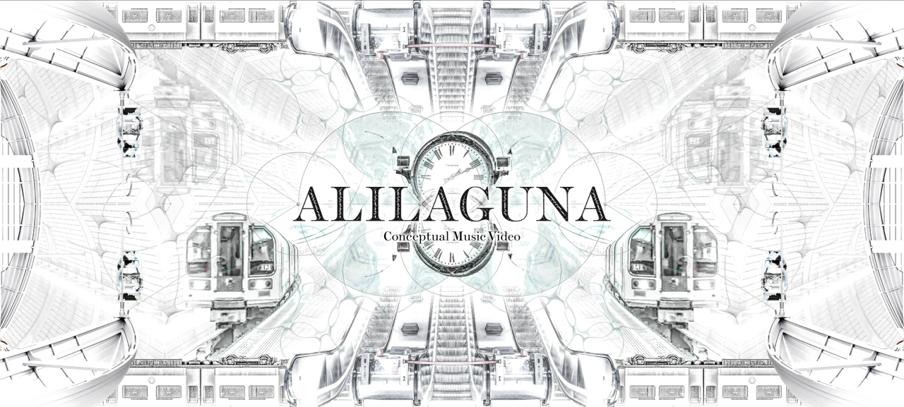 地铁、扶梯、时钟与重叠圆形构成的 ALILAGUNA 完整概念拼贴。