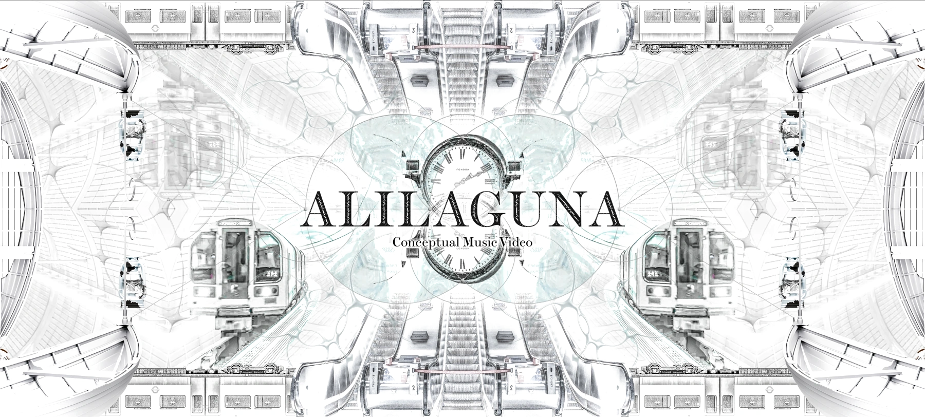 ALILAGUNA 原作完整封面视觉拼贴：地铁、扶梯、时钟和鱼囊形对称交叠。