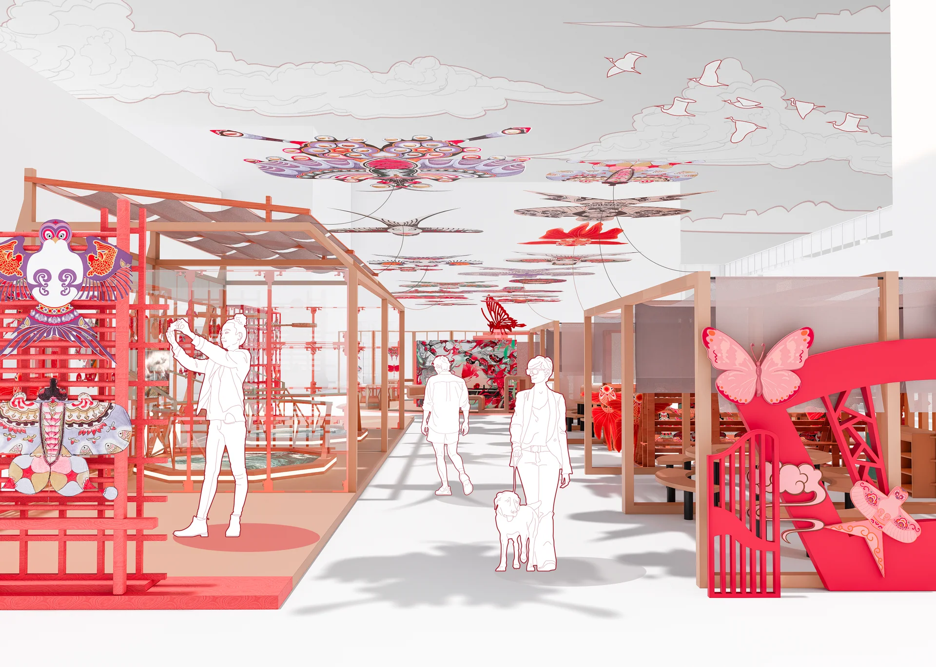 Shopping-node entrance: kite markers, exhibits, and open framing create a recognisable presence.