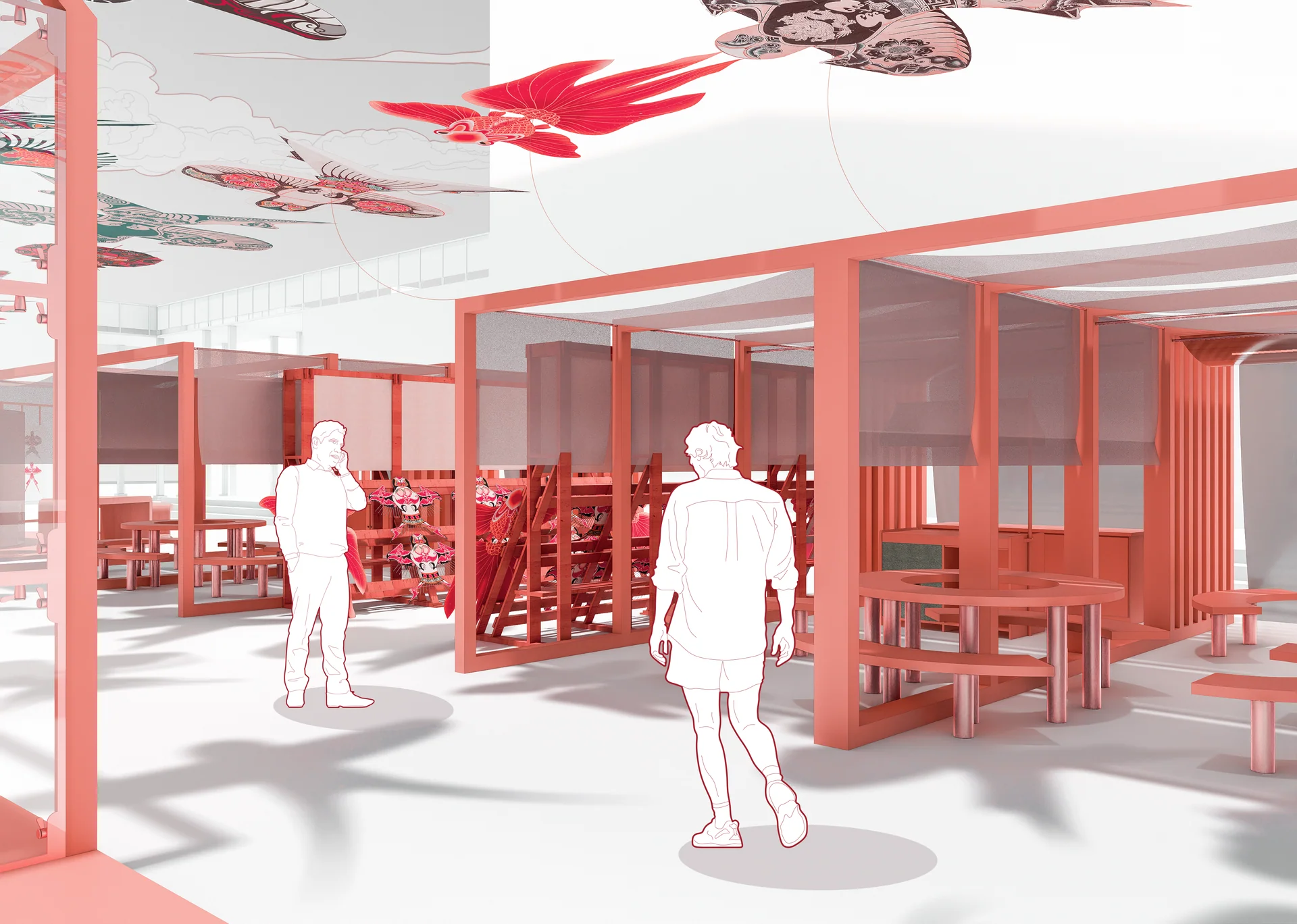 Interior experience: craft displays sit alongside places to pause and talk.