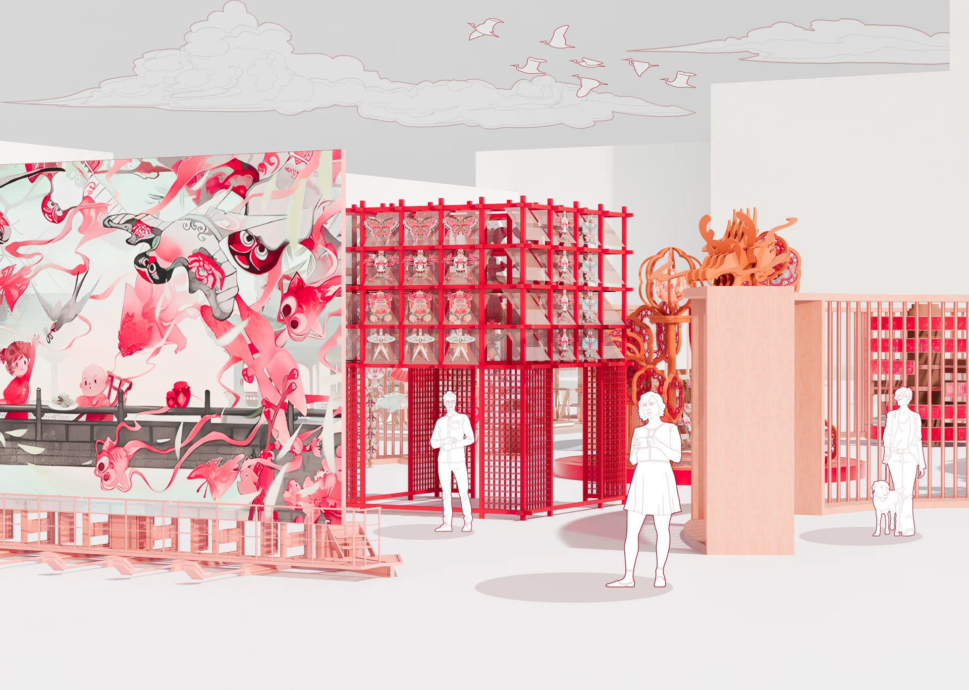 Entrance view: suspended kites and continuous framing establish an approach.