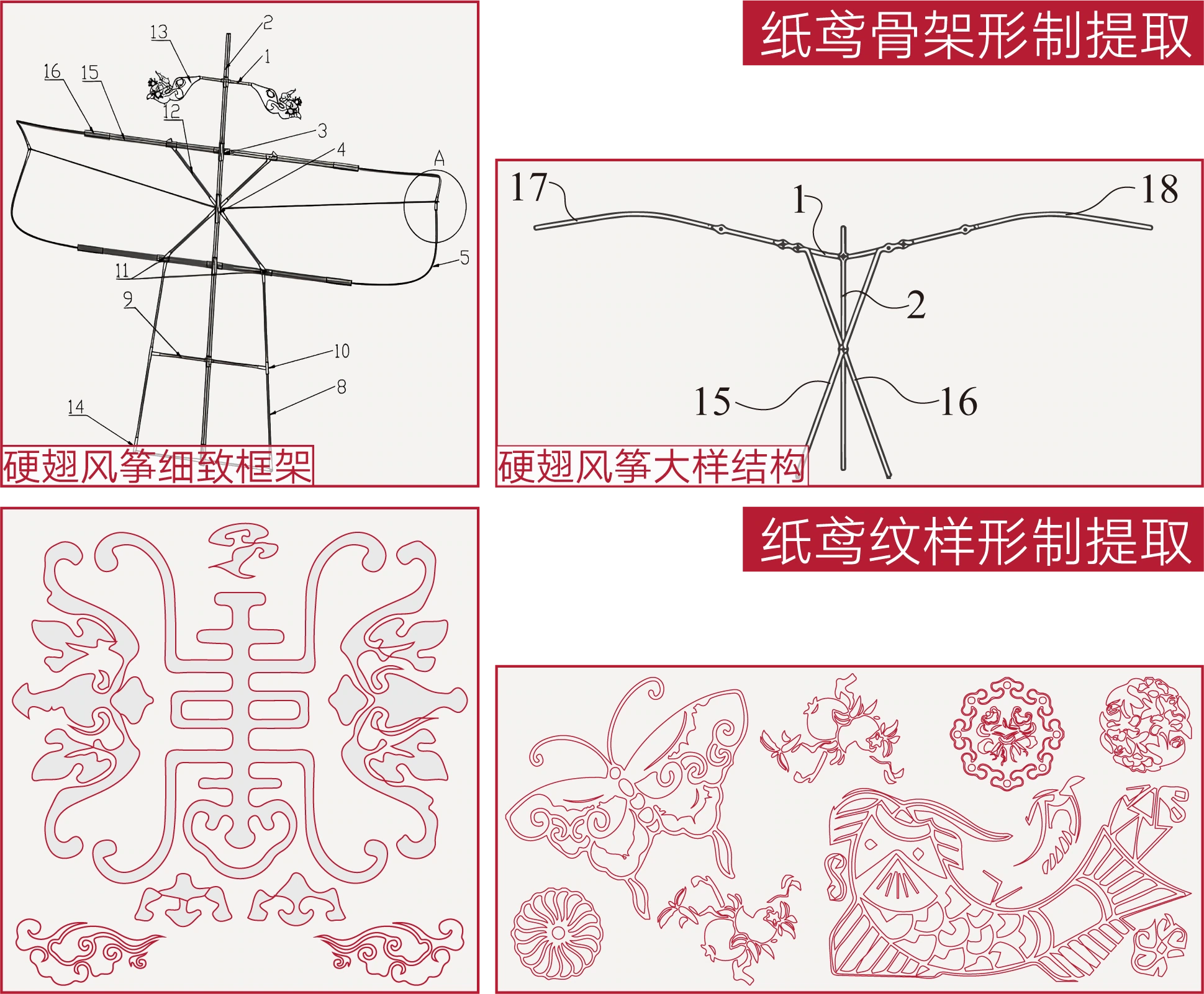 Kite frames, supporting structures, and traditional motifs