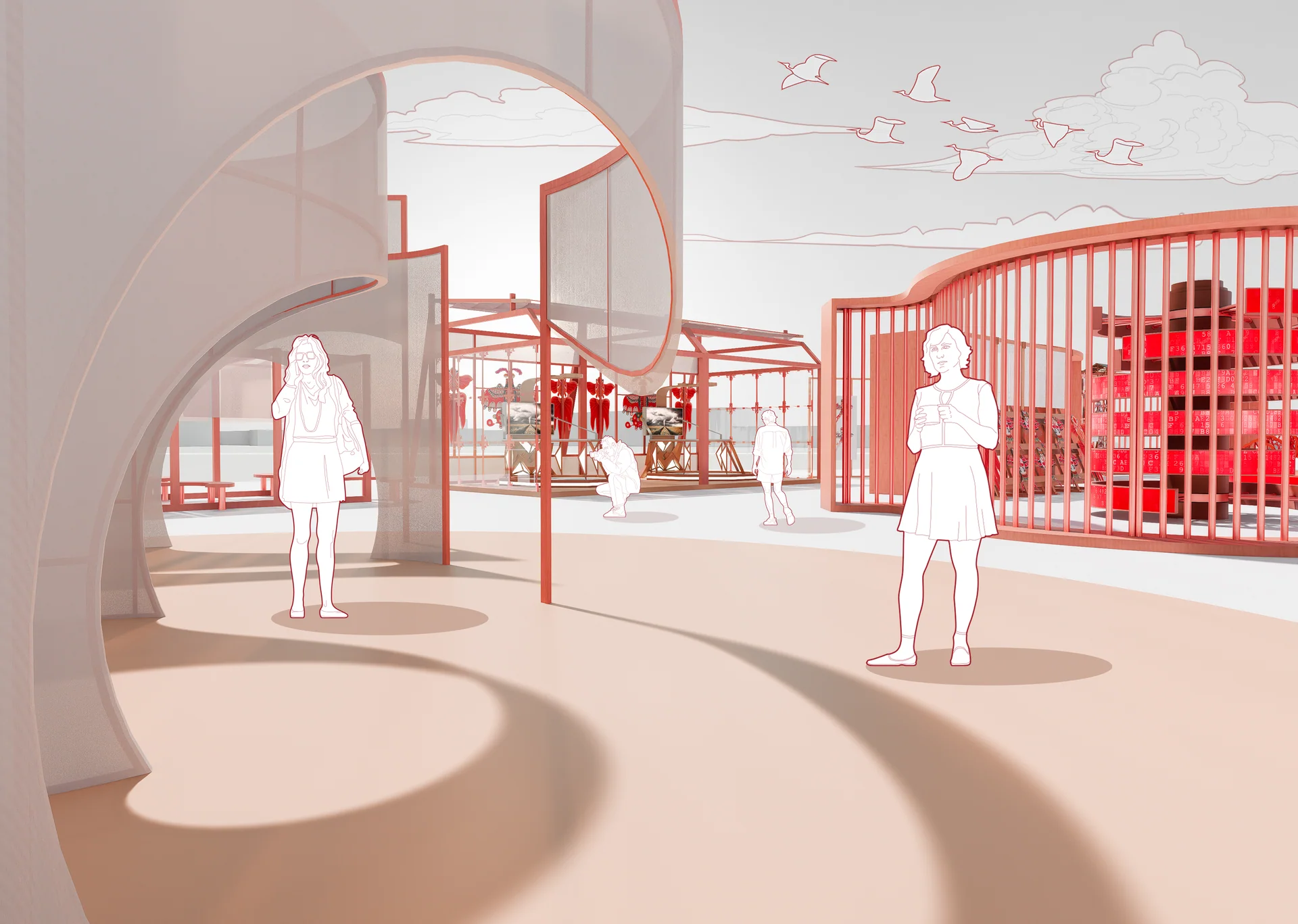 Light gallery: exhibition elements, frames, and translucent surfaces create spatial layers.