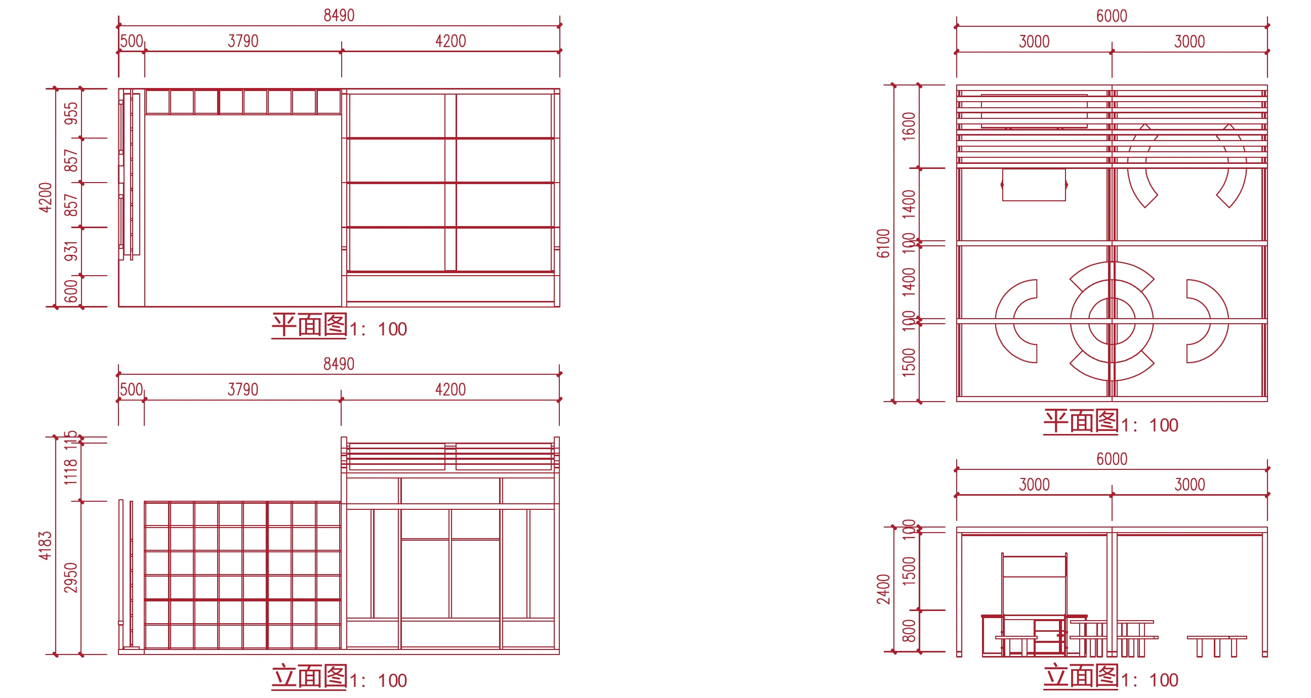 Original plans, elevations, and dimensions of the experience pavilion and workshop