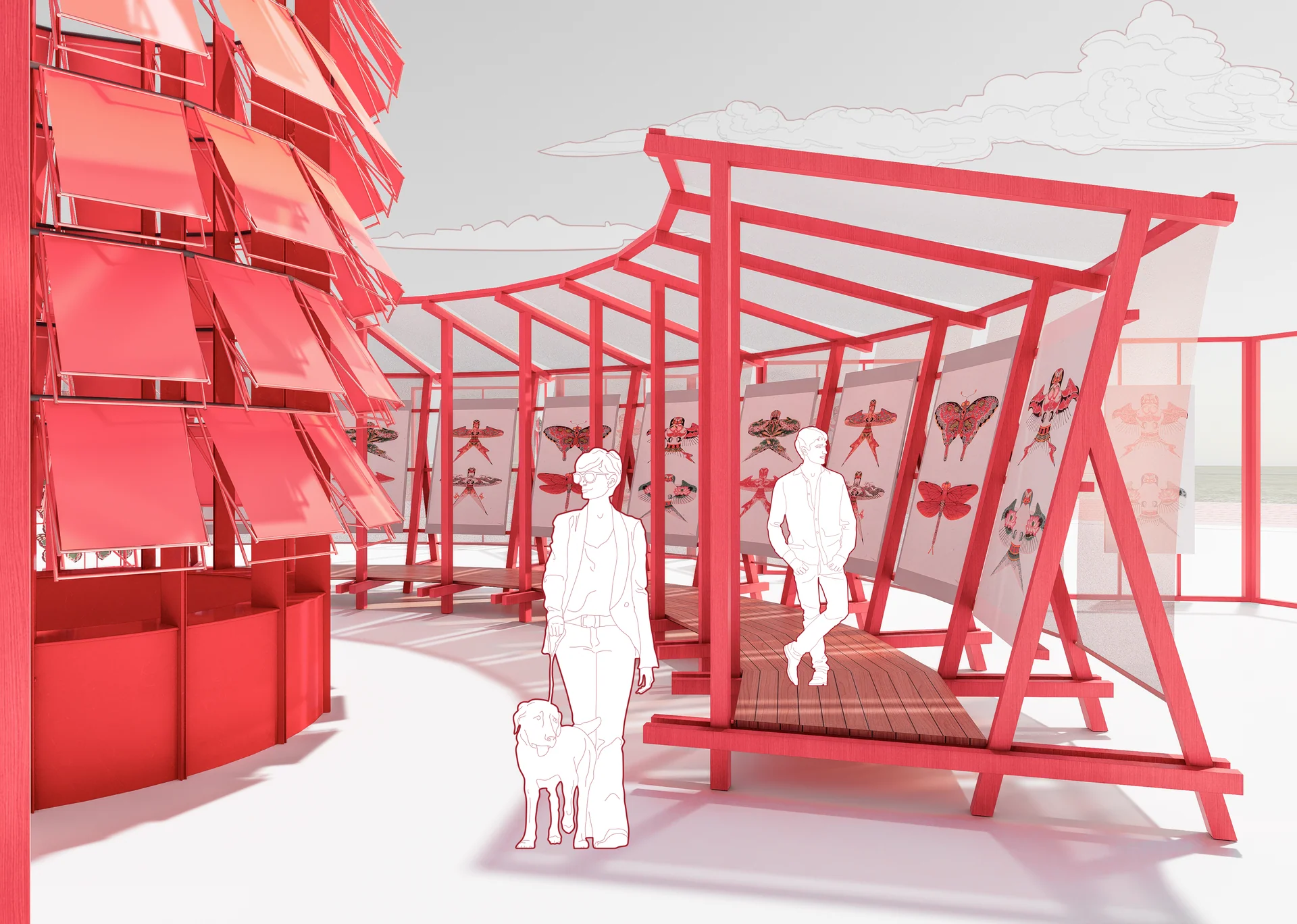 Exhibition passage: kite displays and open frames guide visitors through the collection.