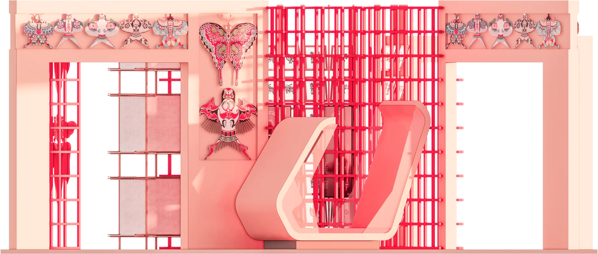 Façade study: kite markers and red latticework retain a consistent visual language.