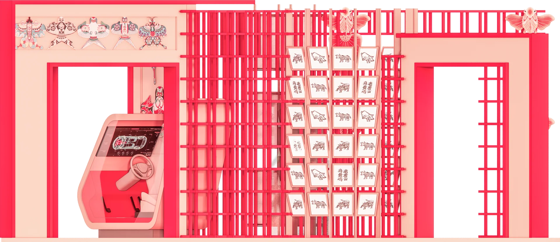 Opposite view: experience entrance, display surfaces, and passage through the module.