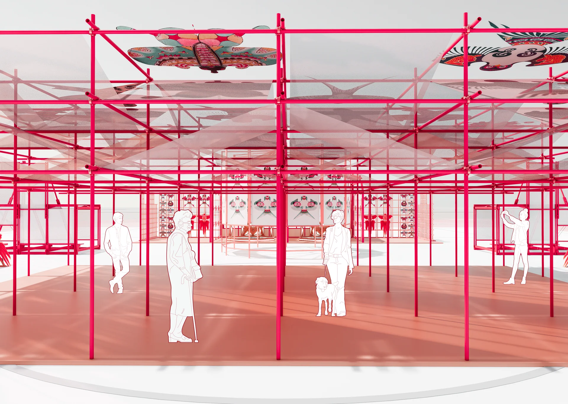 Inside the kite wooden structure: red latticework becomes an inhabitable spatial marker.