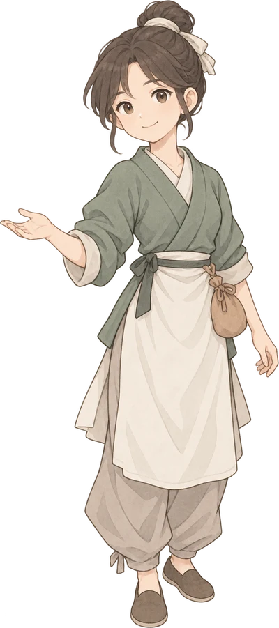 绿色衣袖、浅色围裙的引导同伴
